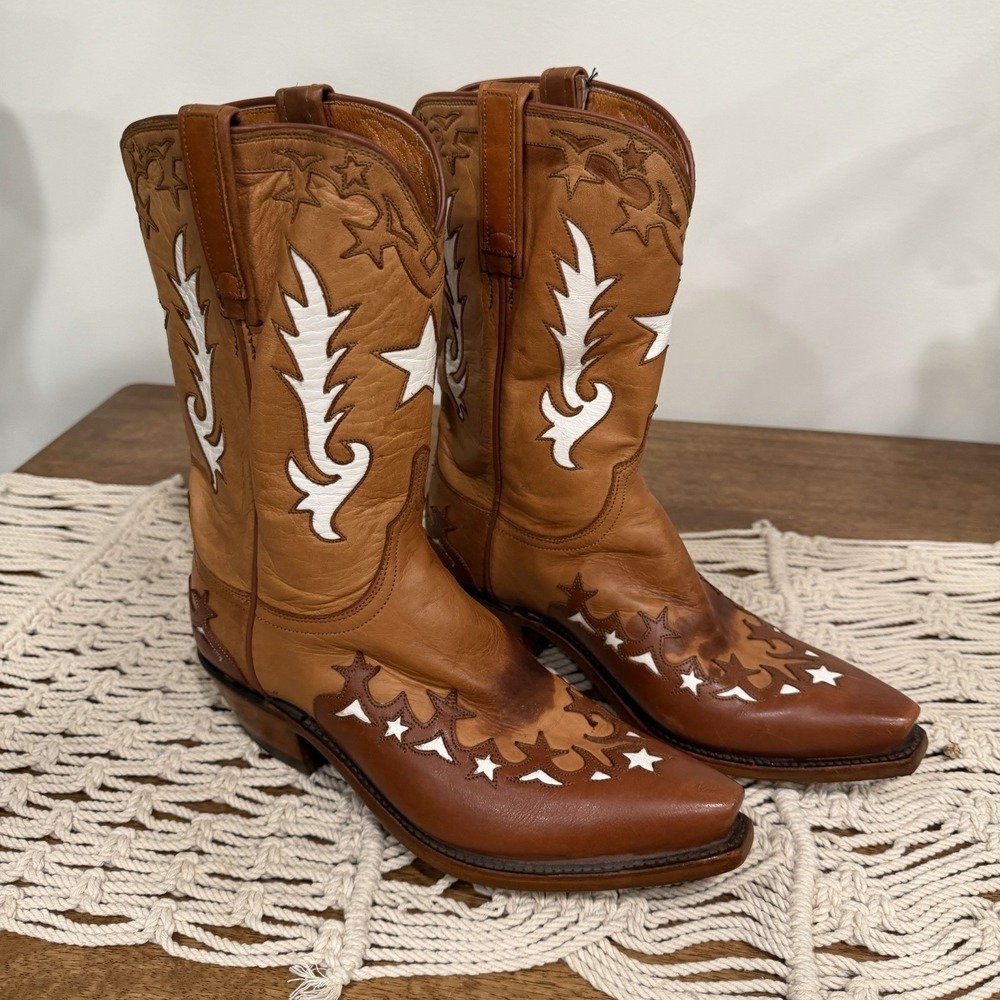 1883 Lucchese Women's‎ Cowboy Boots 7.5C Snip Toe Leather Western Star Inlay VTG